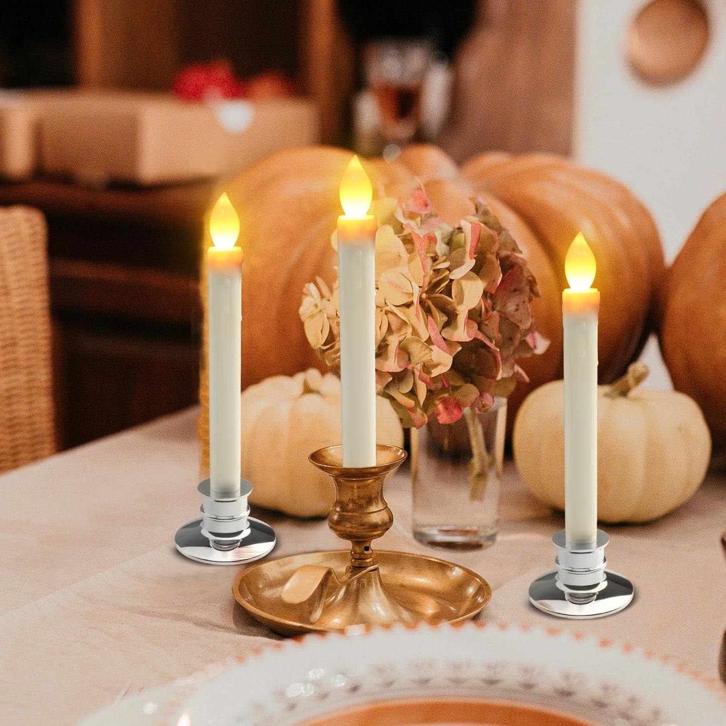 LED Flameless Window Candles With Remote Timer Sliver Base 10 PCS Battery Operated Flickering Taper Candle Lights With Removable Sliver Candle Holders Best Gift For Xmas Wedding Home Dinner Décor
