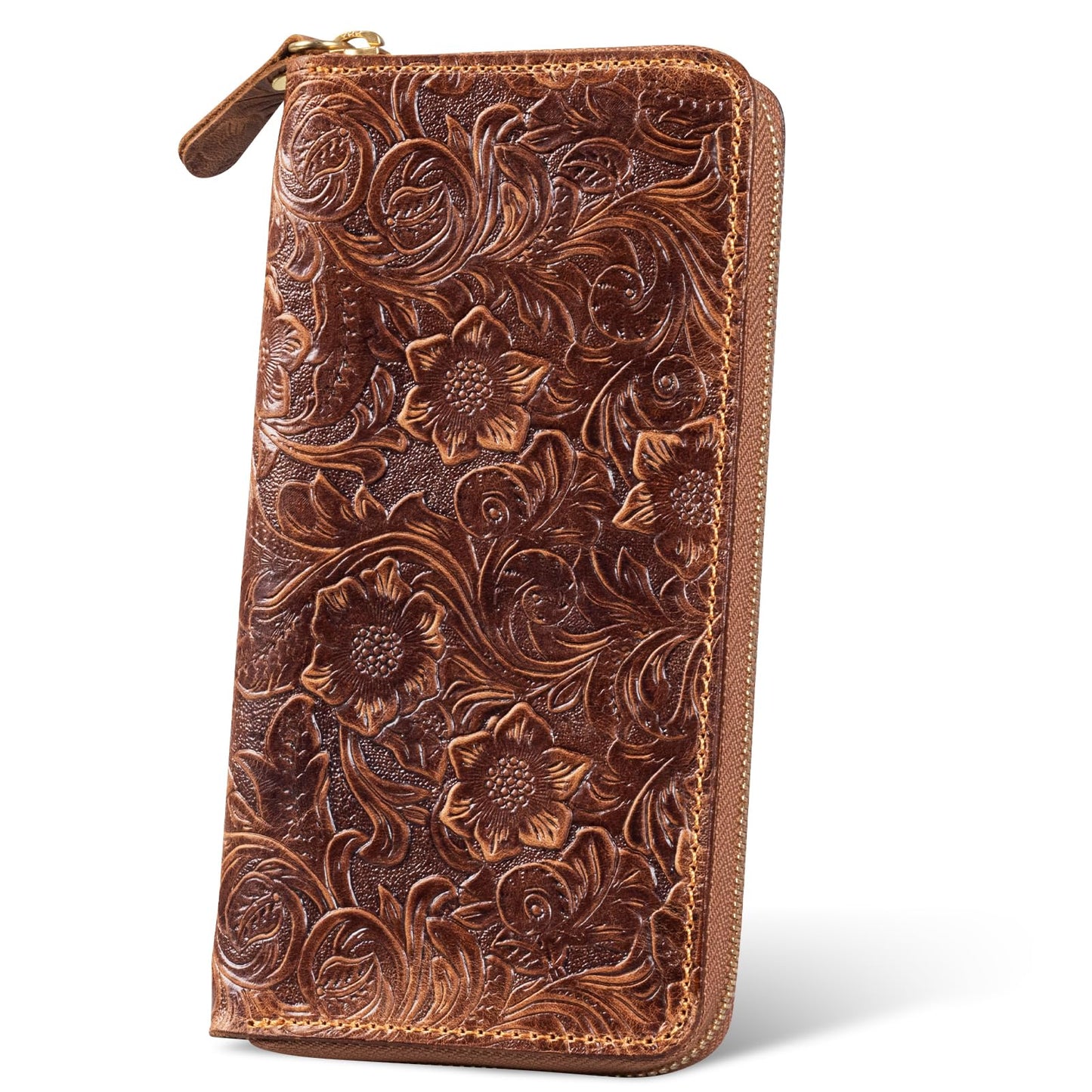 RMAWRAD genuine leather long bi-fold wallet/card holder, unisex, made of embossed buffalo leather, with card slots and a coin purse, brown.
