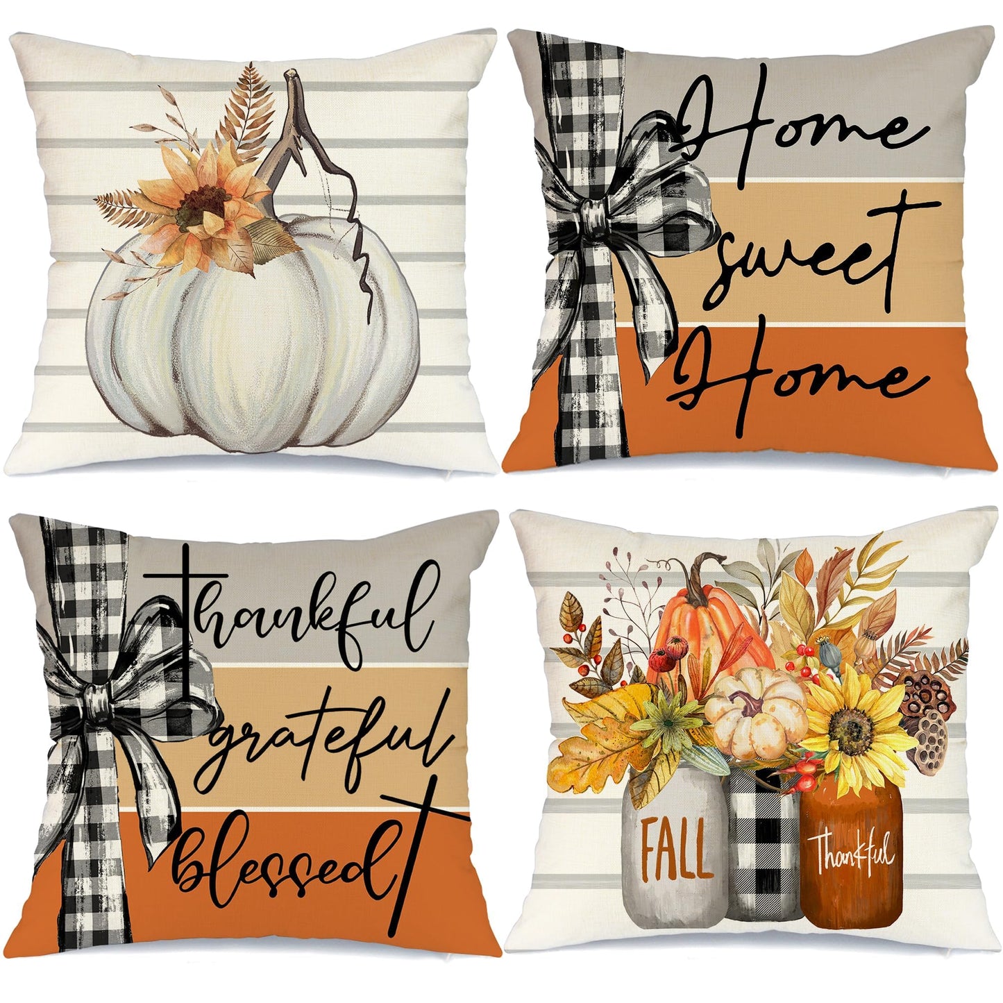 AACORS Fall Pillow Covers 18 x 18 Inch Set of 4, Pumpkin Home Sweet Home Thankful Grateful Blessed Harvest Floral Decorations Autumn Seasonal Pillow Case Decor for Sofa Couch AA557-18