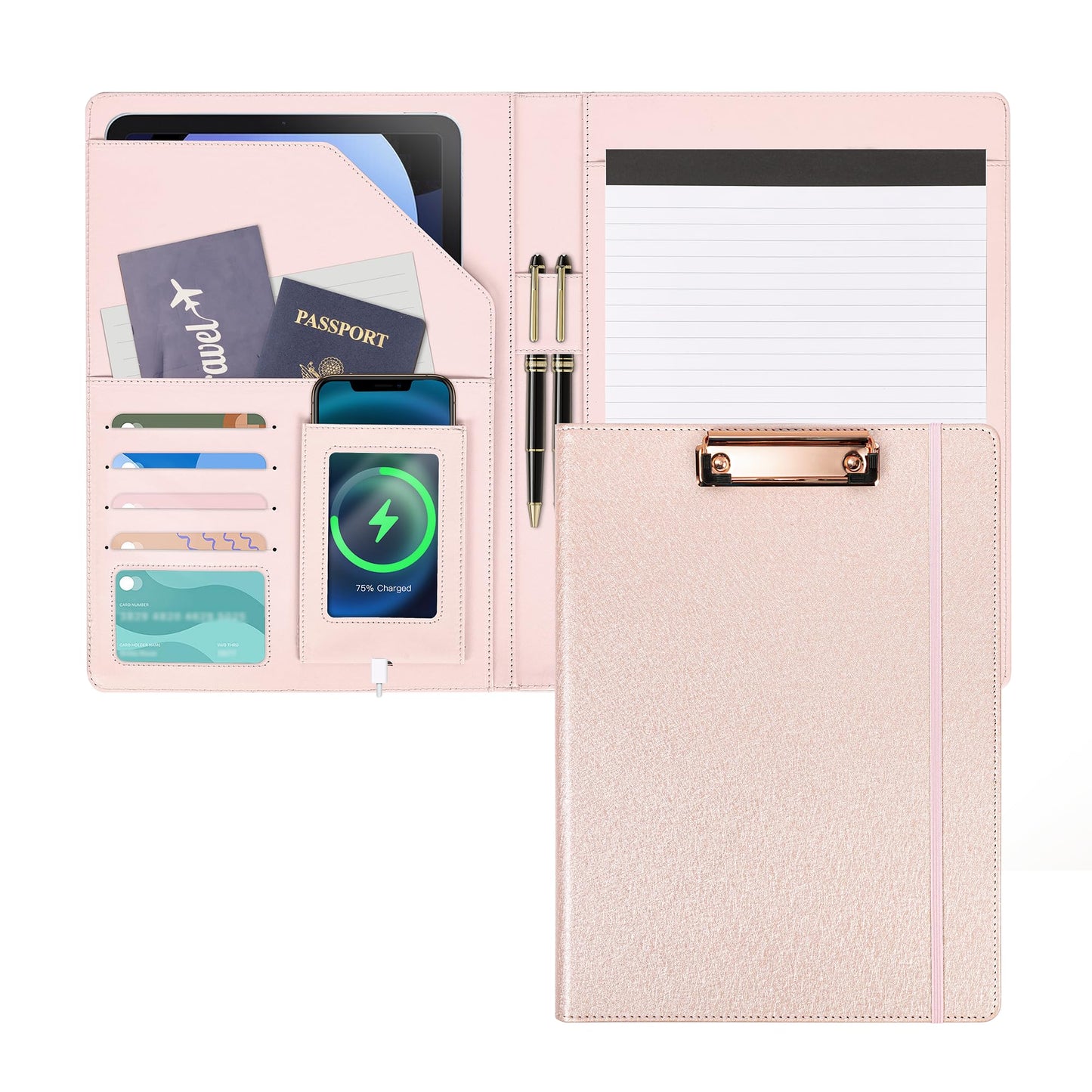 Leather Portfolio Organizer Women Clipboard with Storage Pink Clip Board for Notepad,Phone,Cards