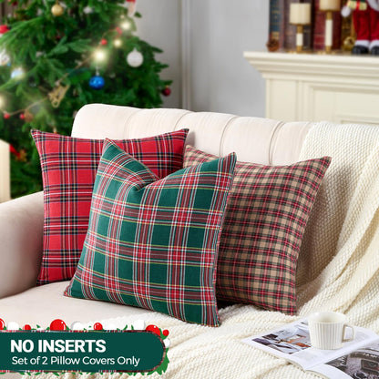 Green Tartan Plaid Christmas Decorative Throw Pillow Covers 18x18 Set of 2, Green Farmhouse Christmas Decor Buffalo Plaid Pillows for Couch & Living Room, Traditional Country Xmas Decorations