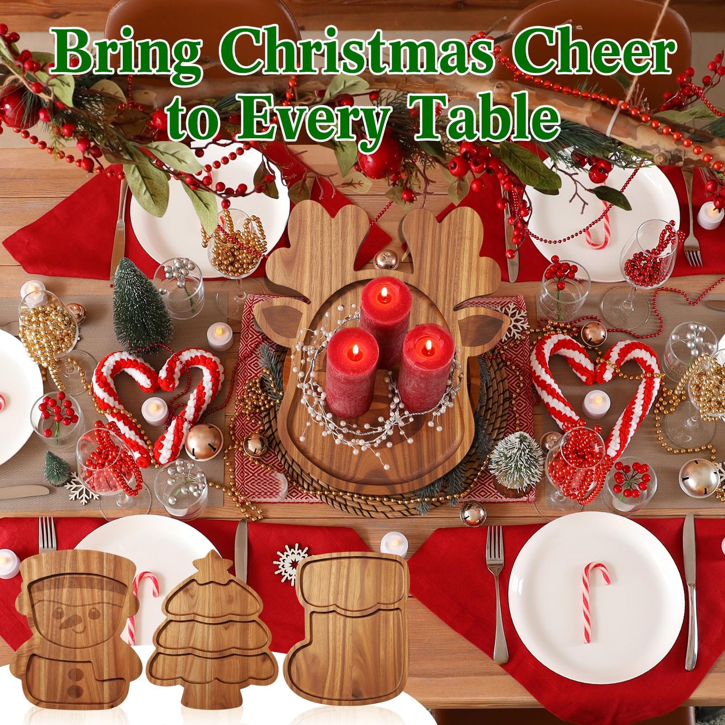 Bokon 4 Pcs Christmas Charcuterie Board 12"x10" Wooden Gingerbread Xmas Cutting Boards Serving Trays for Dessert Cheese Bread Snack Holiday Decor Gift for Christmas Party(Snowman,Acacia Wood)