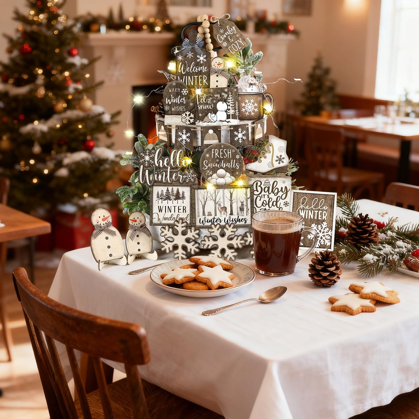 Shellwei 23 Pcs Winter Tiered Tray Decor Set Wood Rustic Hello Winter Snowman Snowflake Decoration Christmas Farmhouse Decor Xmas Signs for Christmas Decorative Trays Table Shelf Home Centerpiece