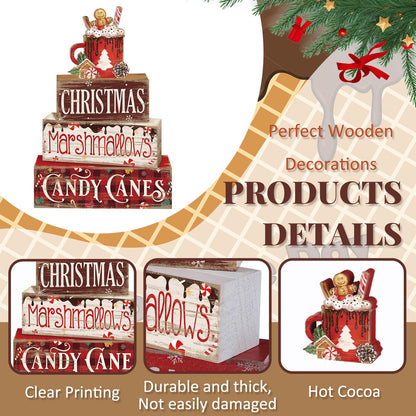Moucuny 4 Pcs Christmas Hot Cocoa Table Decor Christmas Wooden Decorative Signage Hot Cocoa Tiered Tray Decor Xmas Centerpieces Farmhouse Wooden Block Set Xmas Table Sign for Home