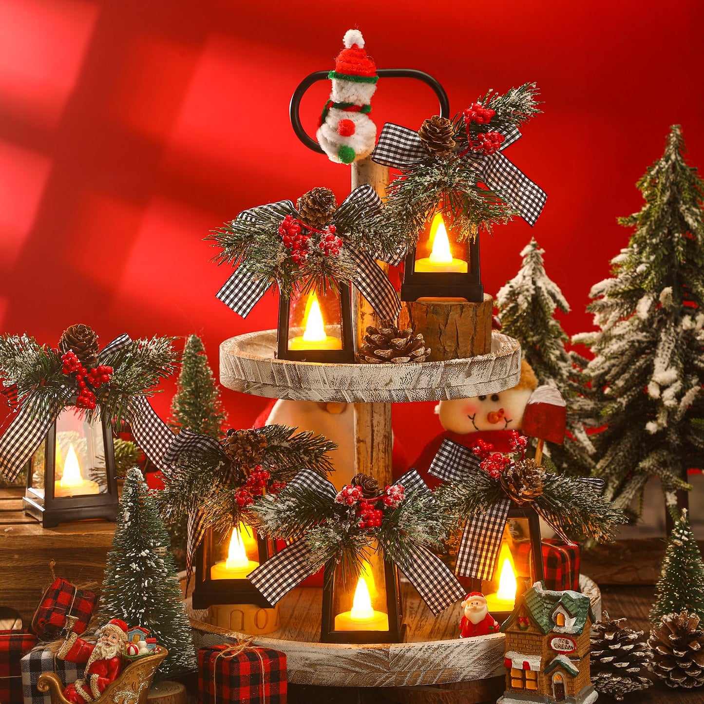 Set of 6 Christmas Mini Decorative Lanterns with Flickering LED Flameless Candle Hanging Lantern Decoration Bulk with Buffalo Plaid Bow Battery Included for Xmas Party (Black and White Bow)
