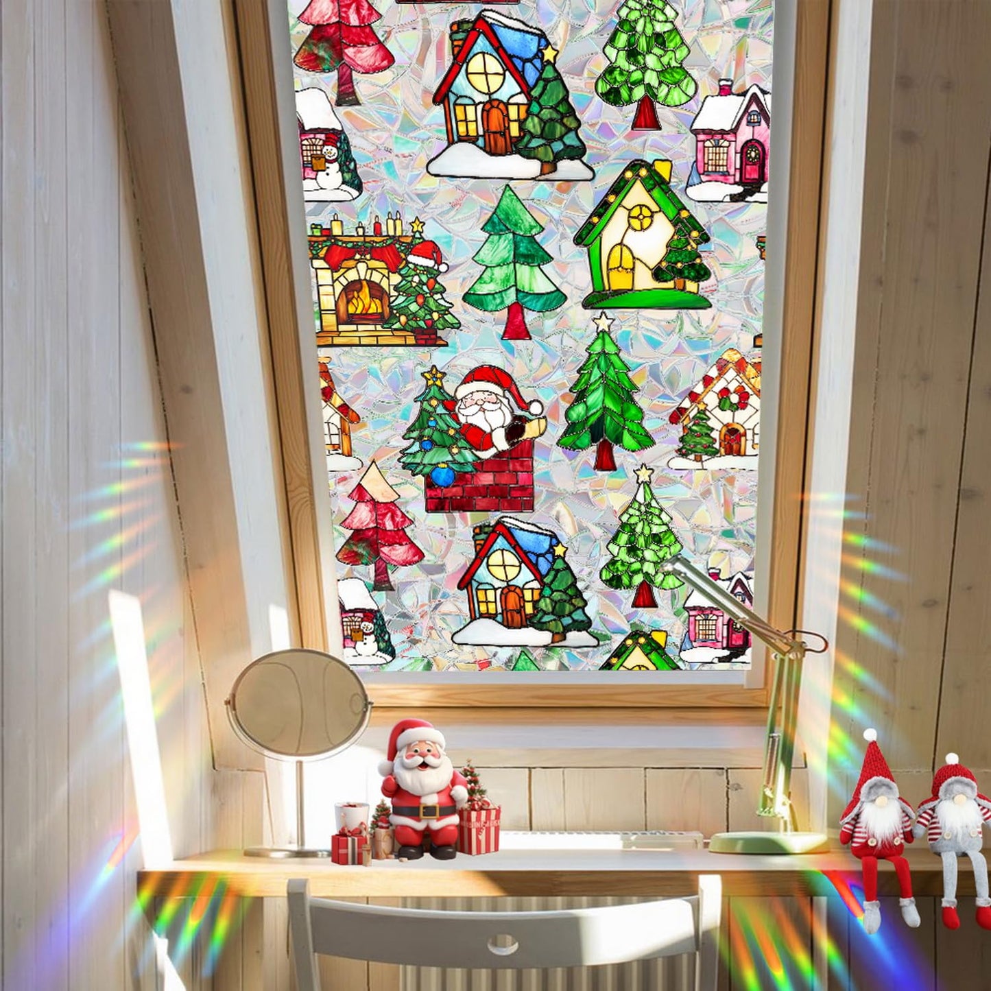 Christmas Tree Window Privacy Film Stained Glass Stickers Christmas Santa Claus Privacy Rainbow Decals Living Room Sun Blocking Decor Xmas Static Cling Stickers for Party Decor 17x 39.3 Inch