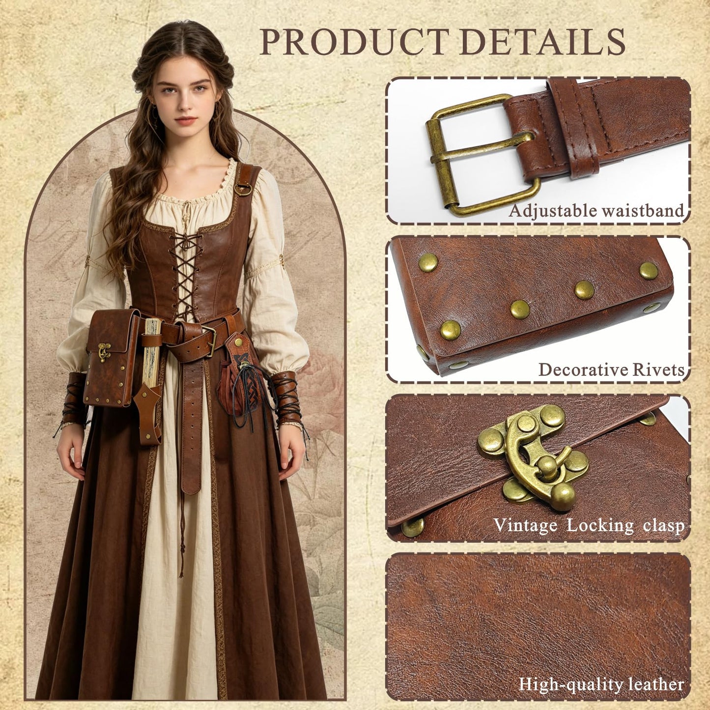 5PCS Renaissance Accessories, Medieval Viking Leather Belt Set Phone Pouch, Waist Bag, Keychain, Fan Case & Belt for Halloween Cosplay LARP Ren Faire Pirate Costume Accessories, Brown