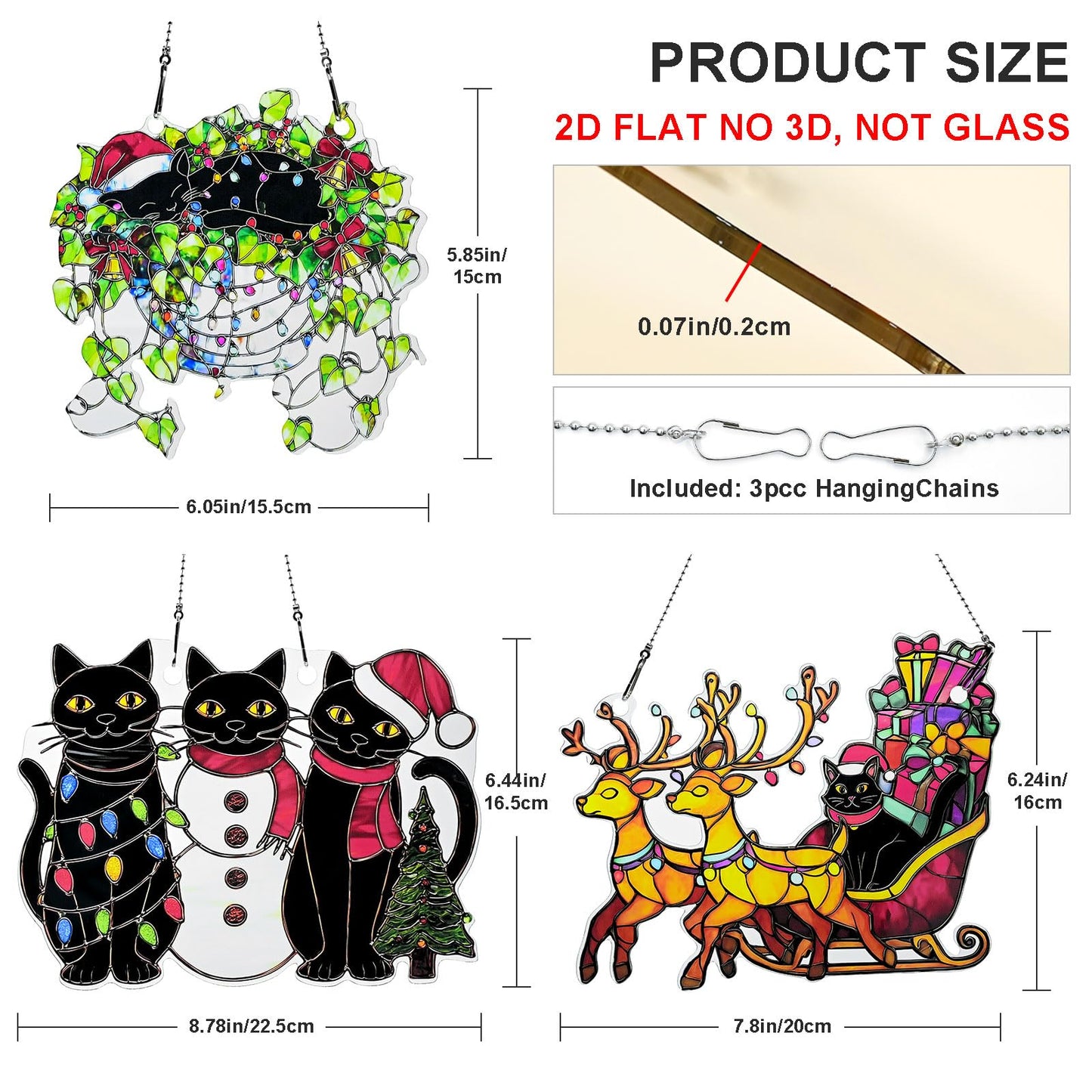Christmas Cat Ornament Acrylic Suncatcher Window Hanging Wall Decor for Indoor Outdoor Doors Home
