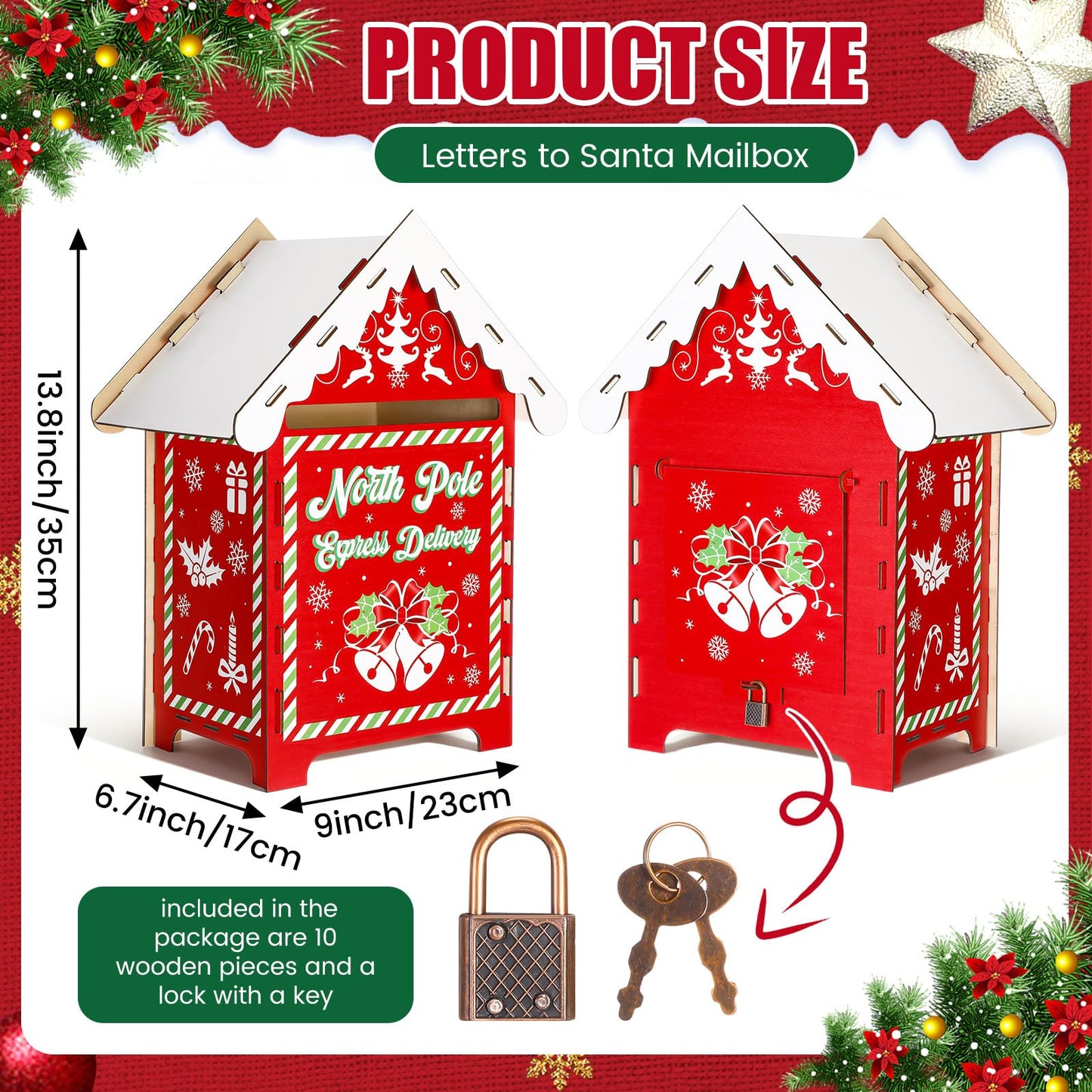BrightRow 13.8 x 9 x 7 Inch Christmas Mailbox Letters to Santa Claus Wooden Red North Pole Delivery Mailbox Retro Outdoor Delivery Postbox for Home Classroom Gift Wish List Mantel Entryway Decorations