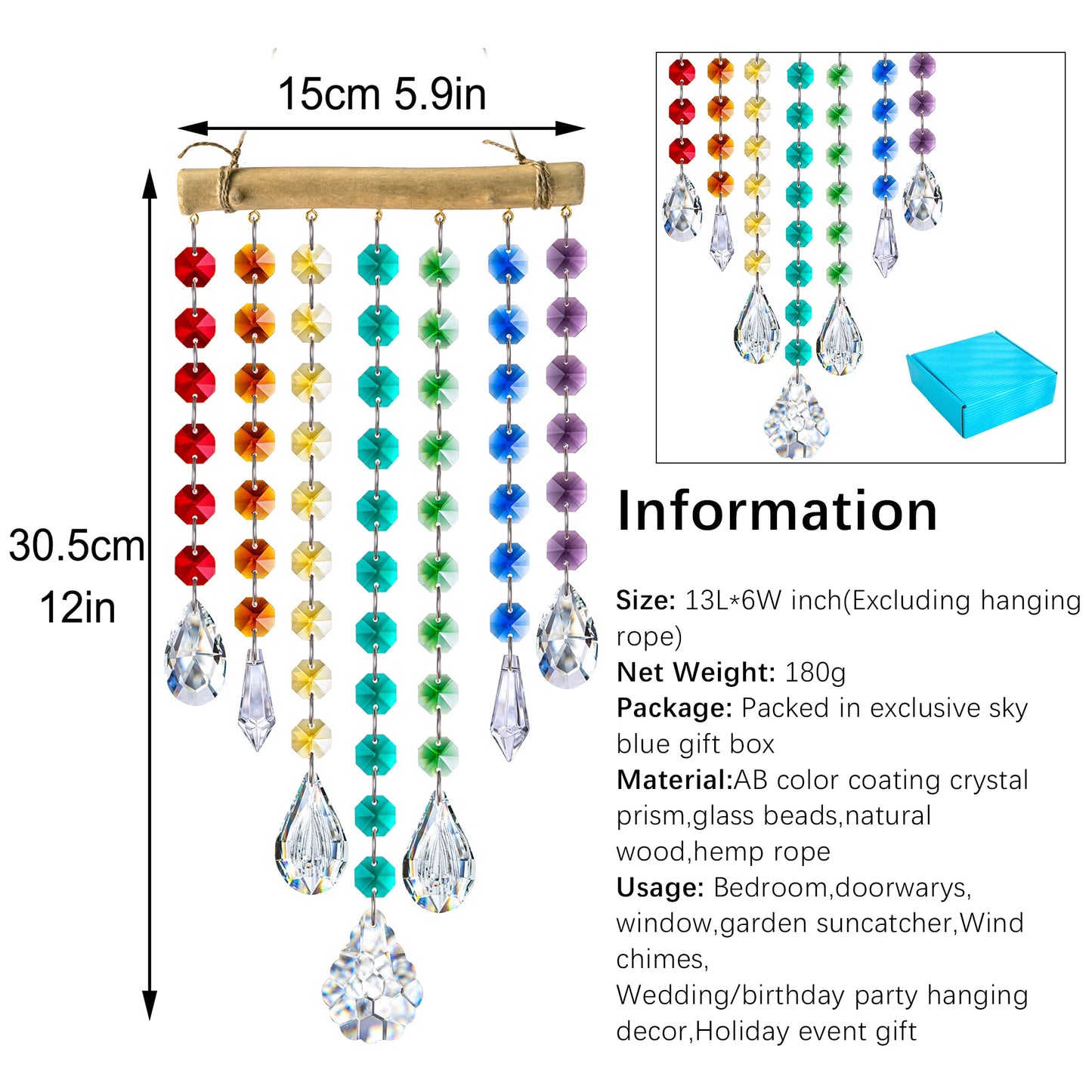 12inch Hanging Crystal Prism Suncatcher Window Garden Decoration Ornament for Christmas Tree Rainbow Glass Beads Chain Pendant Crystal Wind Chimes