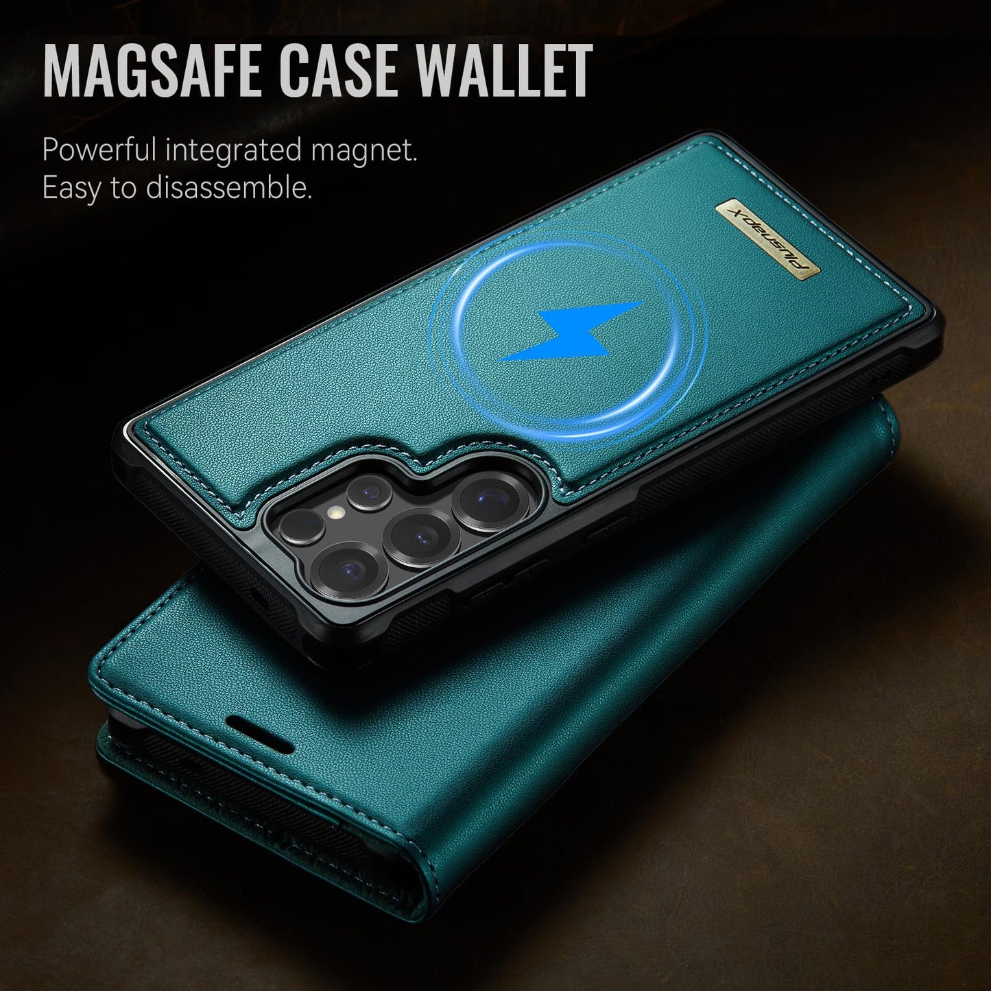 PlusnapX Wallet Case for Samsung Galaxy S24 Ultra Compatible with Magsafe, 2-in-1 PU Leather Flip RFID Blocking Card Holder Stand Shockproof Magnetic Detachable Cover for Galaxy S24 Ultra, Bluegreen