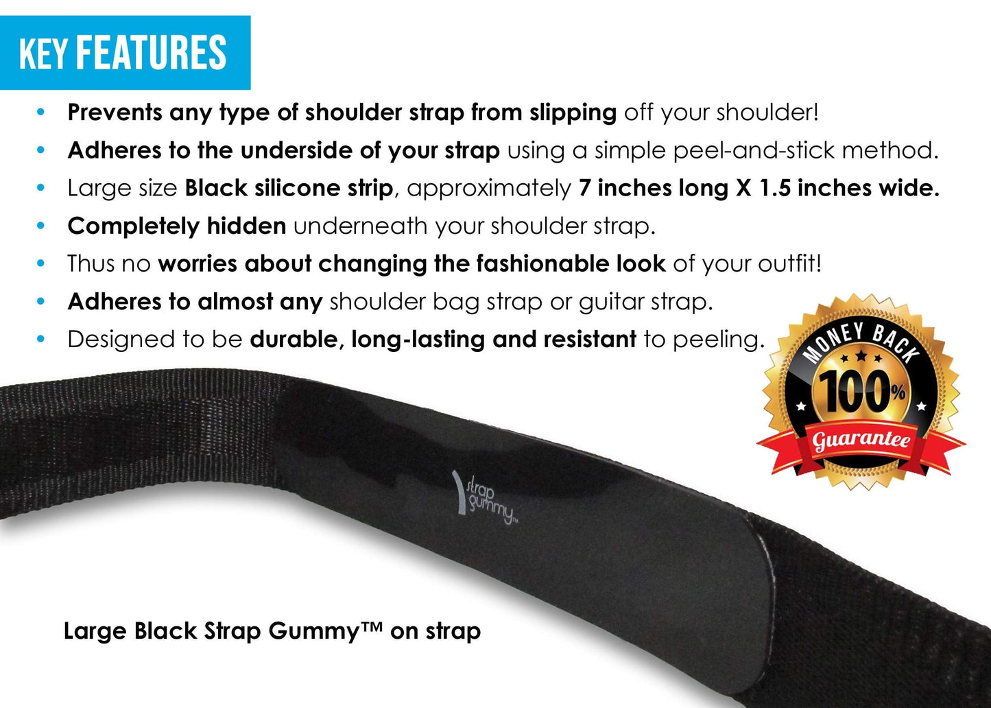 Strap Gummy - Prevent Strap Slips - The ORIGINAL Non Slip Shoulder Strap Grip Strips - Set of 4 Pieces - 2 Large Black & 2 Small Semi-Clear