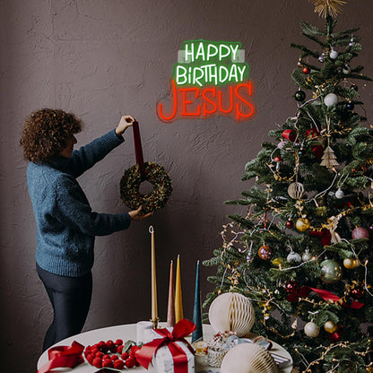 Looklight Happy Birthday Jesus Neon Sign Christmas Neon Signs for Wall Decor Red Green LED Light USB Light Up Signs for Inspirational Christian Decor for Homes Offices Churches Christmas Gifts