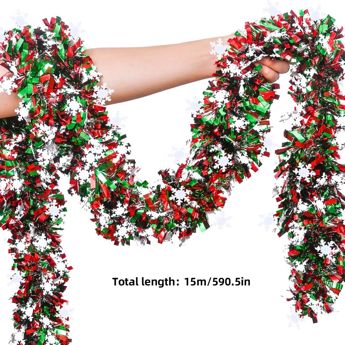 50 Feet Green Red Christmas Metallic Tinsel Twist Hanging Garland with Snowflake for Home Mantle Xmas Tree Staircase Railing New Year Holiday Party Indoor Outdoor Decorations