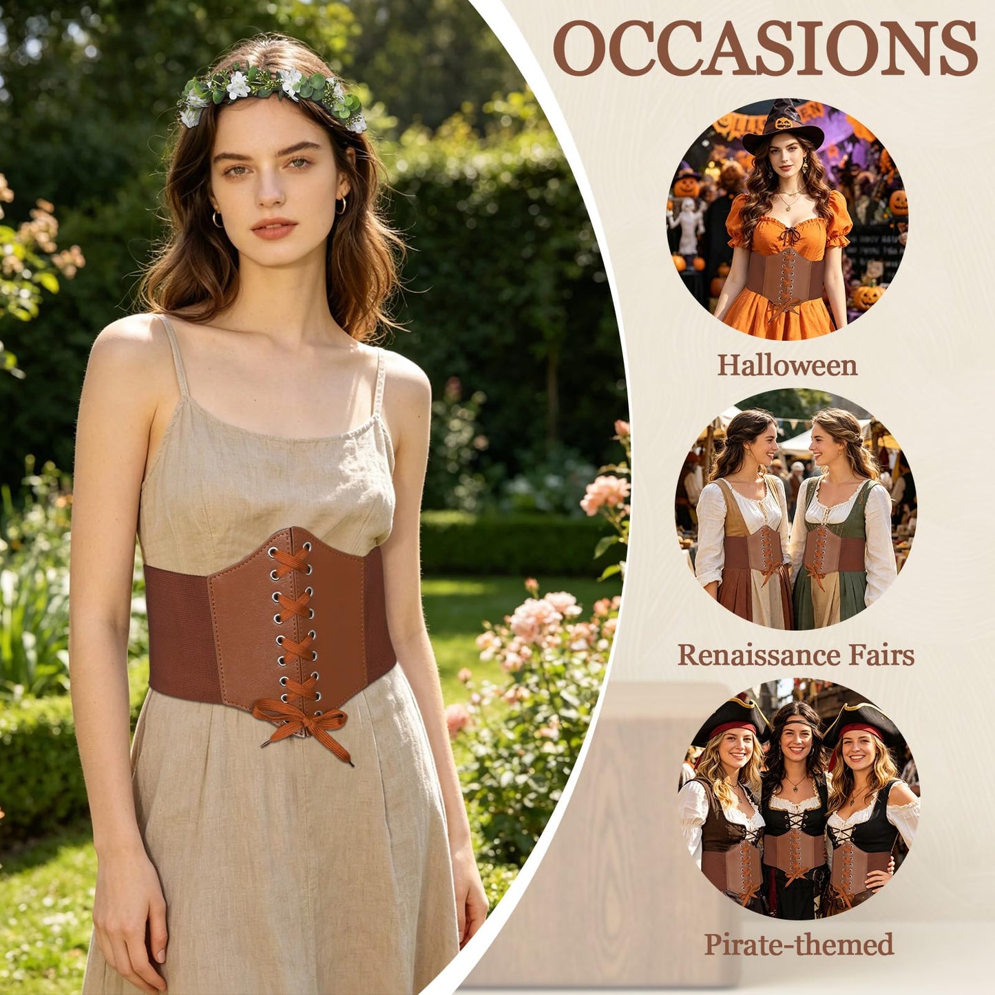 XZCYAMPF Lace-up Pirate Corset Belt for Women, Leather Waist Cincher with Floral Headpiece, Renaissance Halloween Costume Accessories (Brown, 40ft)