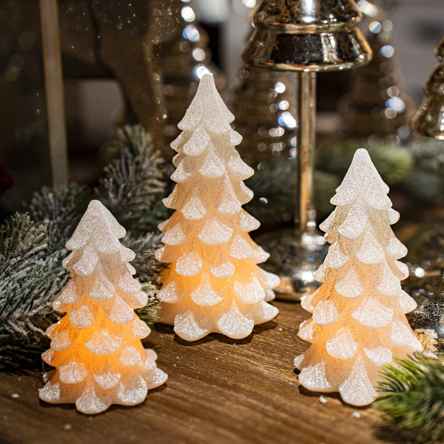 Yongmao Glittering White Christmas Tree Shaped Flickering Flameless LED Candles with Timer, Real Wax Battery Operated for Home Party Decoration and Gift (Set of 3)