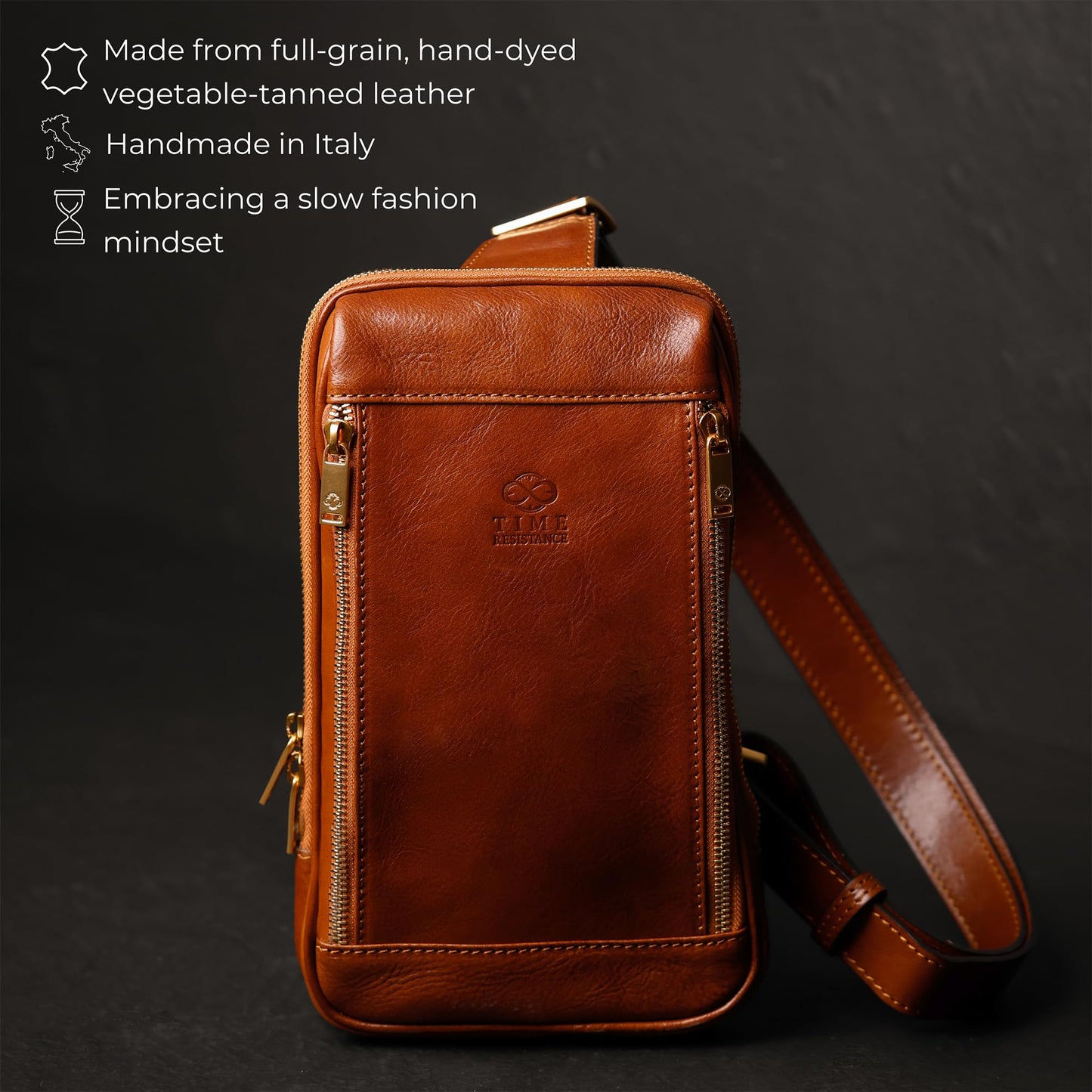 Time Resistance Leather Crossbody Bag - Sling, Messenger Bag for Men and Women - Handmade Shoulder Backpack (Cognac Brown)