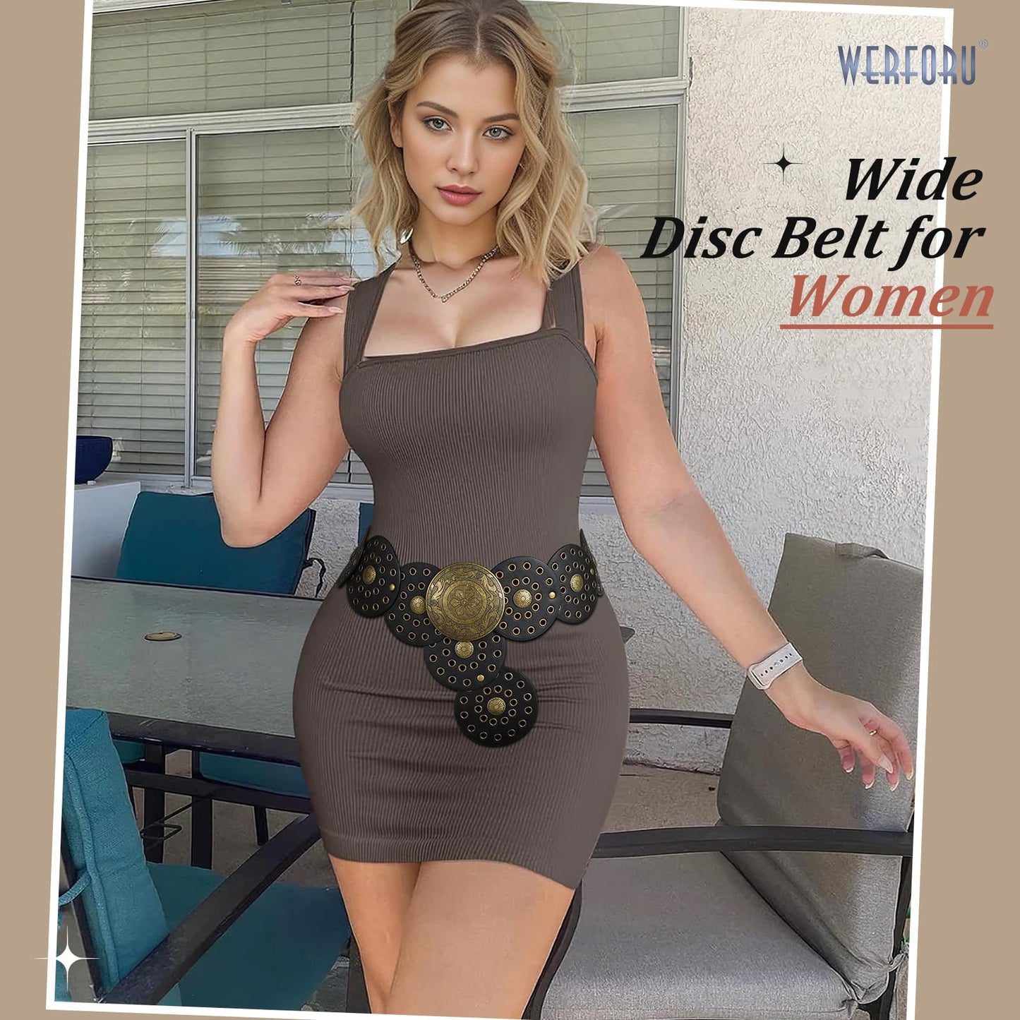 WERFORU Women Wide Western Disc Belt Cowgirl Boho Leather Belt for Jeans Dress
