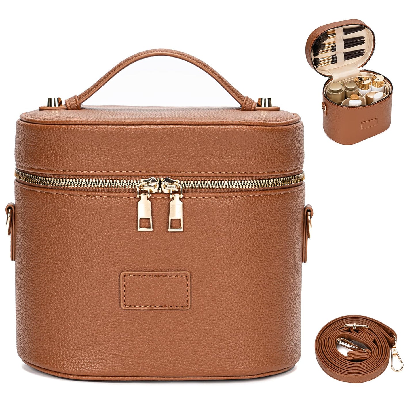BAGOK Leather Vanity Case Makeup Bag with Removable Divider, Washable Compartments, Dual Zipper & Carry Handle – Travel Toiletry Organizer for Women