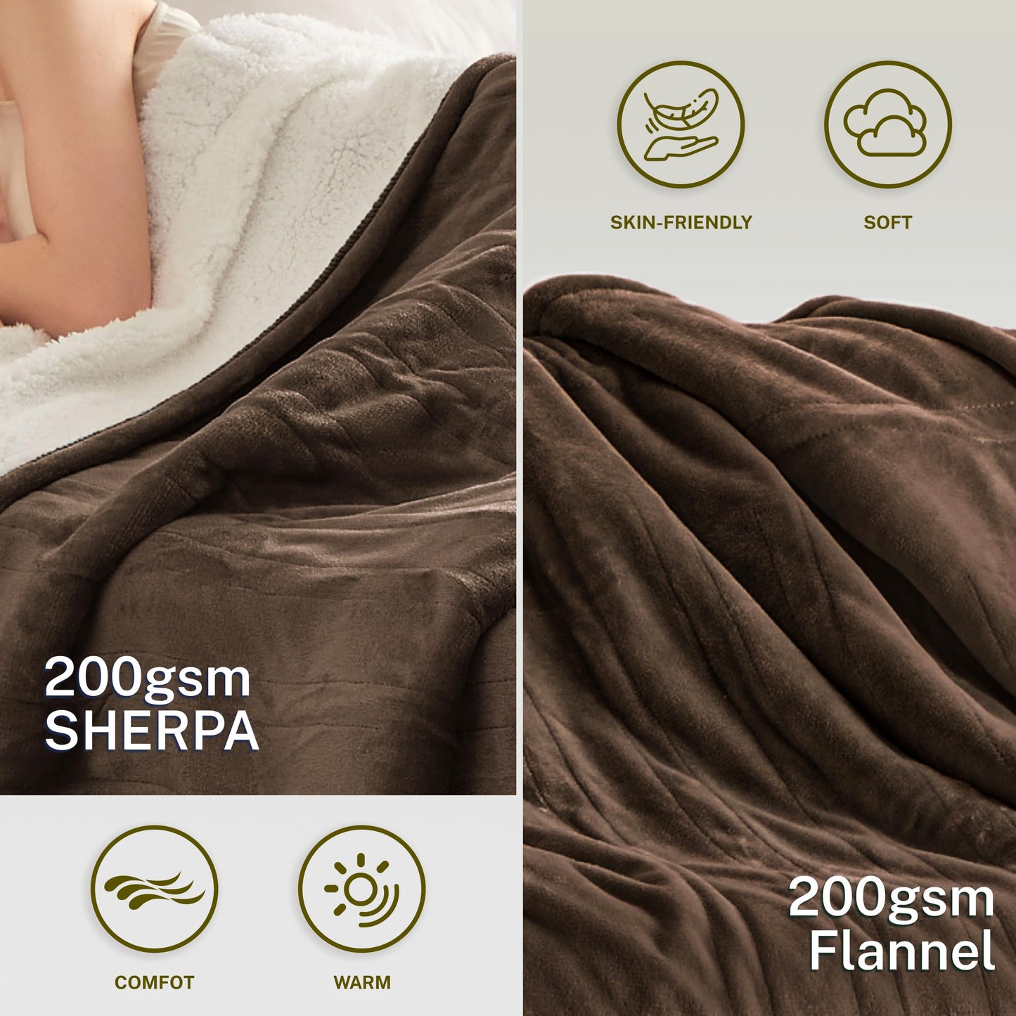Heat Blanket 50”x60” Throw,Soft Flannel & Sherpa Reversible Electric Blanket with 10 Heat Settings,12 Timer Setting and 3 Hours Auto-Shut Off,ETL Certified Machine Washable,Light Brown