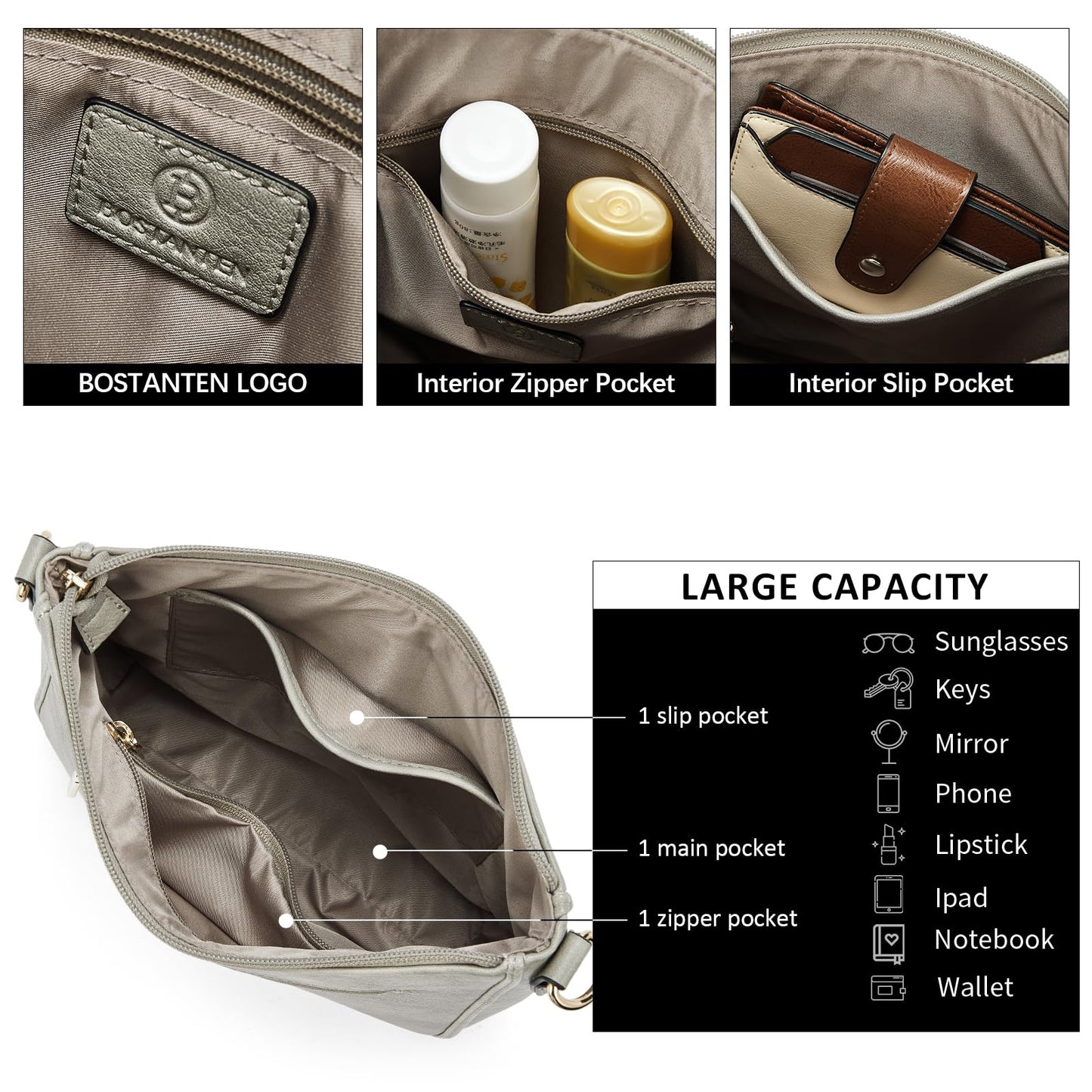 BOSTANTEN Crossbody Bags for Women Trendy Vegan Leather Hobo Purses Shoulder Handbags With Wide Shoulder Strap Sky Grey