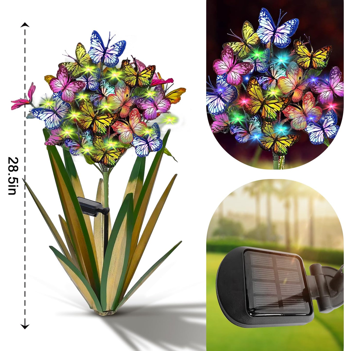 Homight Solar Metal Agave Butterfly Flower Stick Garden Sculpture Outdoor Gift Solar Garden Christmas Lights Swaying Butterfly Sunflower Garden Lights Solar Outdoor Statues (3 PCS Light Green)