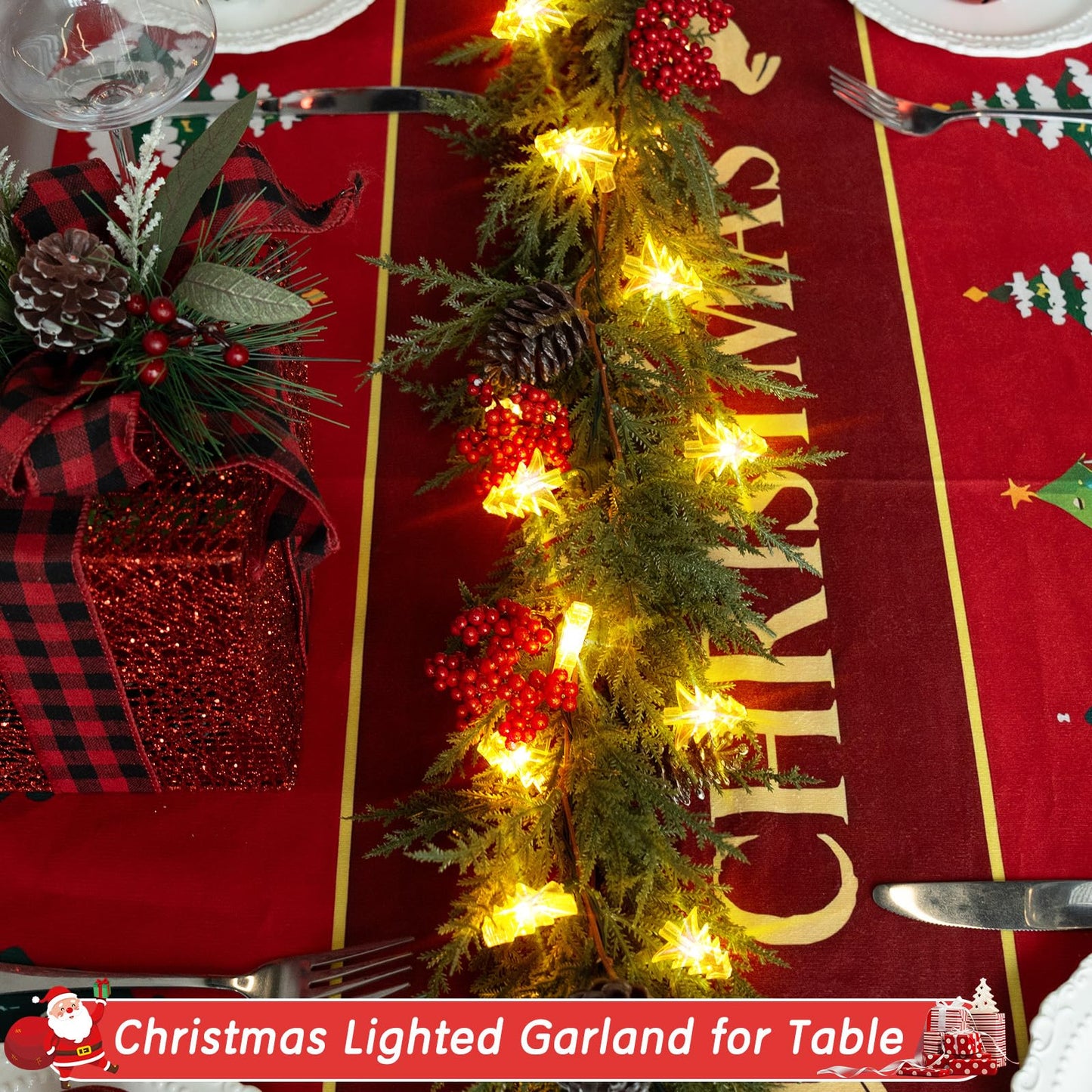 HUZIYAHAN Prelit Christmas Garland with Lights 9FT Christmas Tree Lighted Garland Outdoor Indoor Battery Operated Garland for Mantel Table Porch Stair Wall Winter Home Holiday Christmas Decorations