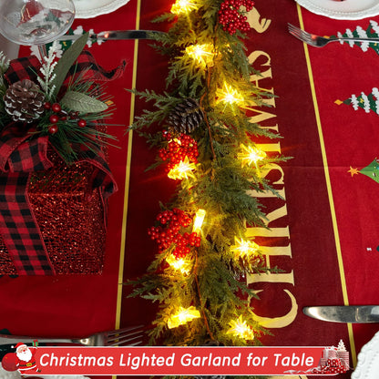 HUZIYAHAN Prelit Christmas Garland with Lights 9FT Christmas Tree Lighted Garland Outdoor Indoor Battery Operated Garland for Mantel Table Porch Stair Wall Winter Home Holiday Christmas Decorations