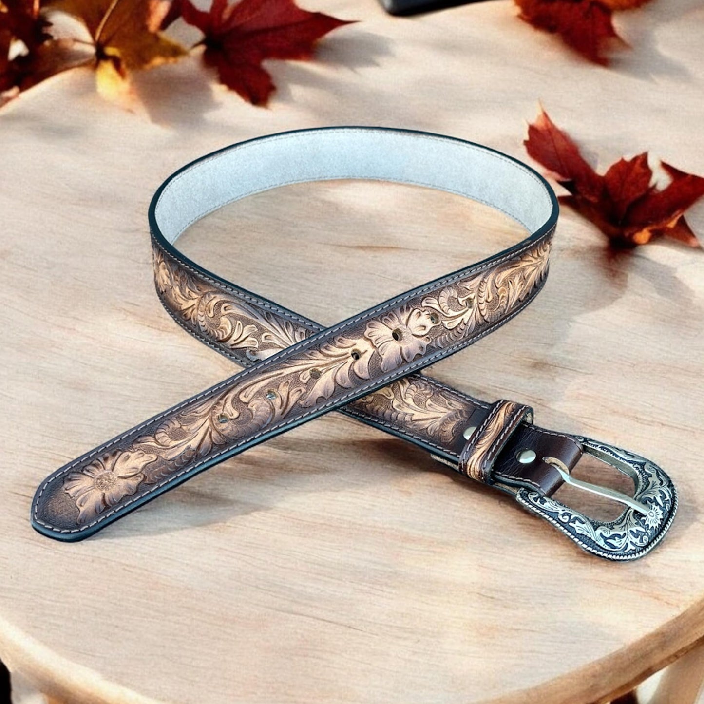 DANIEL'S ARTPLANET Western Belt for Men Full Grain One Piece Leather Belt Tooled Handmade with Buckle Engraved 1.5” Wide (34)