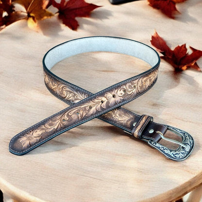 DANIEL'S ARTPLANET Western Belt for Men Full Grain One Piece Leather Belt Tooled Handmade with Buckle Engraved 1.5” Wide (34)