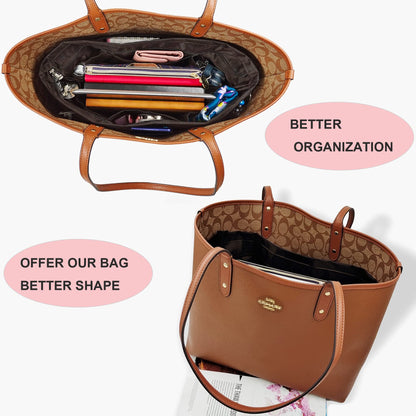 Time Wing Handbag Tote Purse Organizer Insert Bag Liner Shaper Divider Zipper 11 Pockets Compartments Medium Coffee