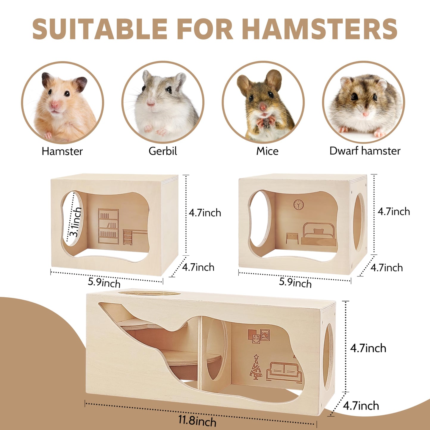 Hamster Hideout Wooden House,Hamsters Multi Chamber Hideout,Small Animal Habitat for Clear Observation,Hamster Toys for Dwarf Hamstersm,Gerbils, Hedgehogs, Rats, Mice(Study Room)