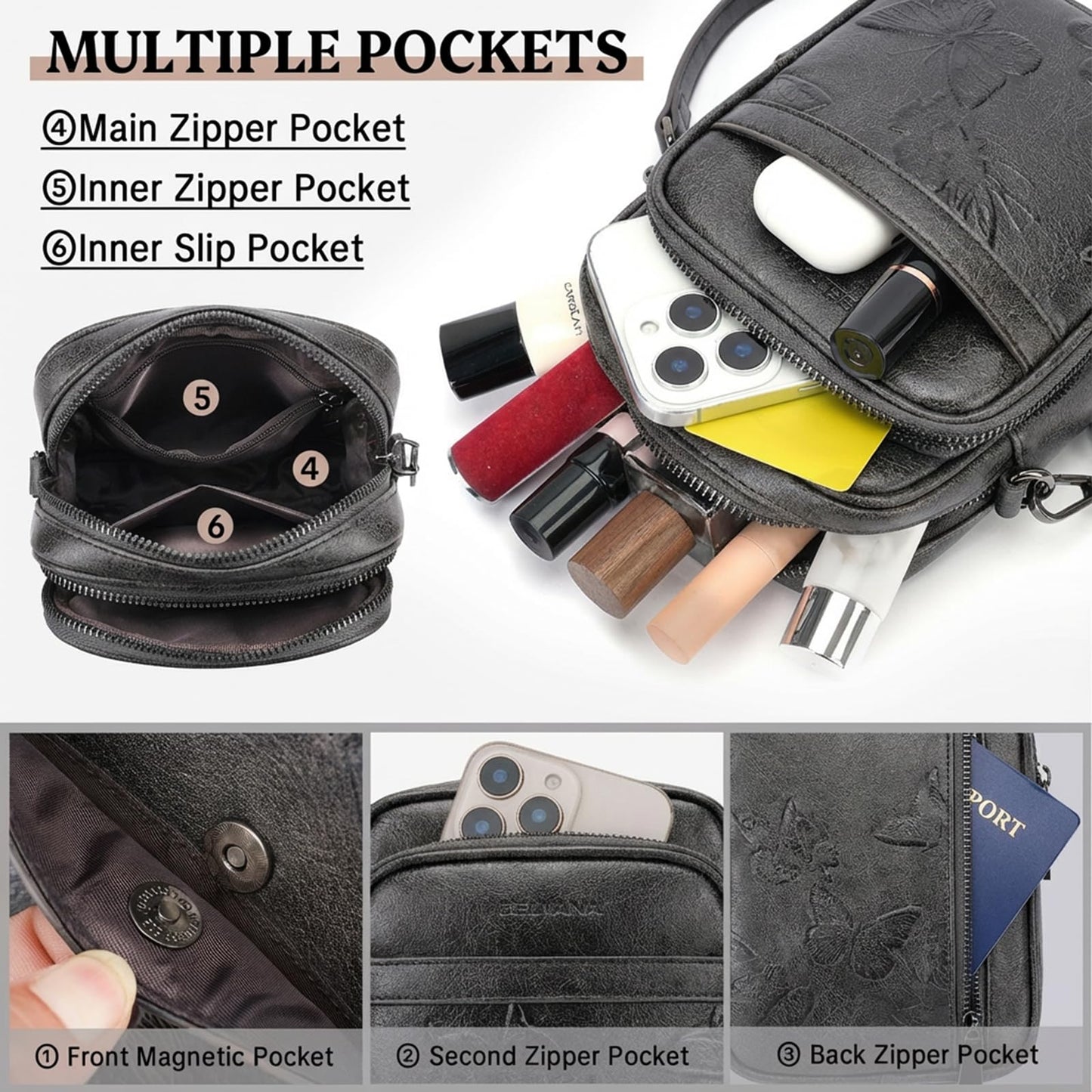 BELTANA Small Crossbody Bags for Women, Butterfly Vegan Leather Cell Phone Bag Trendy Wallet Purse with RFID Card Slots (Black Grey-Silver)
