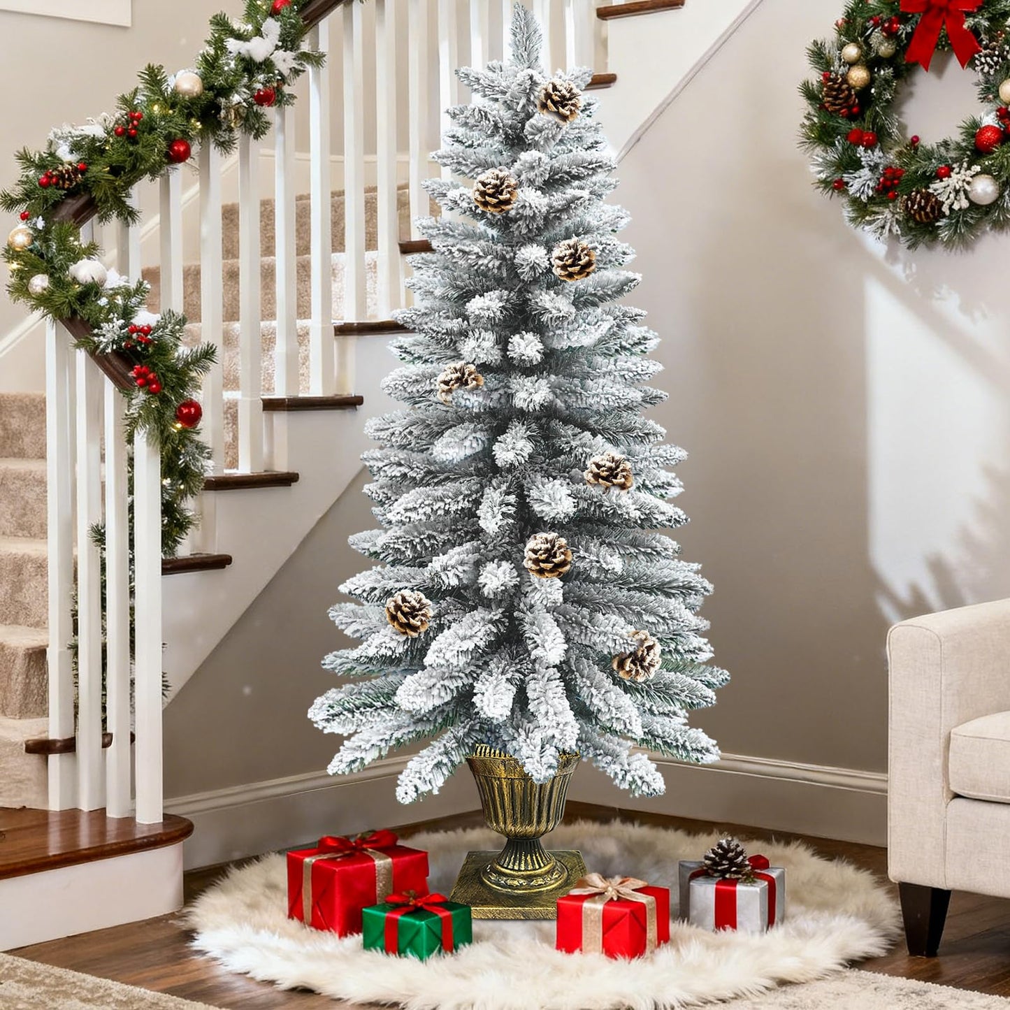 2 Pack 4 Ft Snow Flocked Christmas Entrance Tree in Pot Base with Timer 8 Mode 60 Warm White and Colorful Change Lights 12 Pine Cone Battery Operated for Porch Front Door Entryway Home