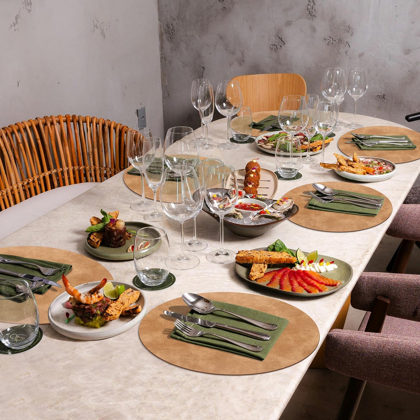 ADRIMER Placemats, Heat Resistant Round Placemats Set of 12 Washable, Waterproof Table Mats, Wipeable Faux Leather Place Mats for Kitchen, Dining Room, Camel