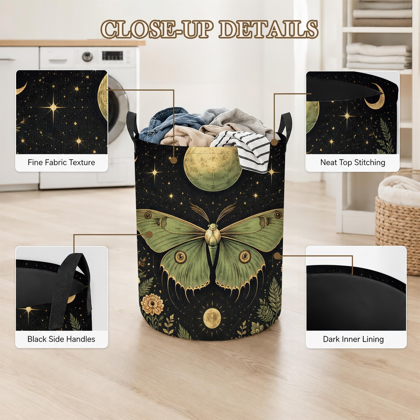 Boho Moon Moth Laundry Basket, Foldable Oxford Cloth Floral Crescent Laundry Hamper with Handles, Tote Bag Clothes Storage Bucket for Laundry Room/Bathroom/Bedroom/Dormitories 20.8"x16"