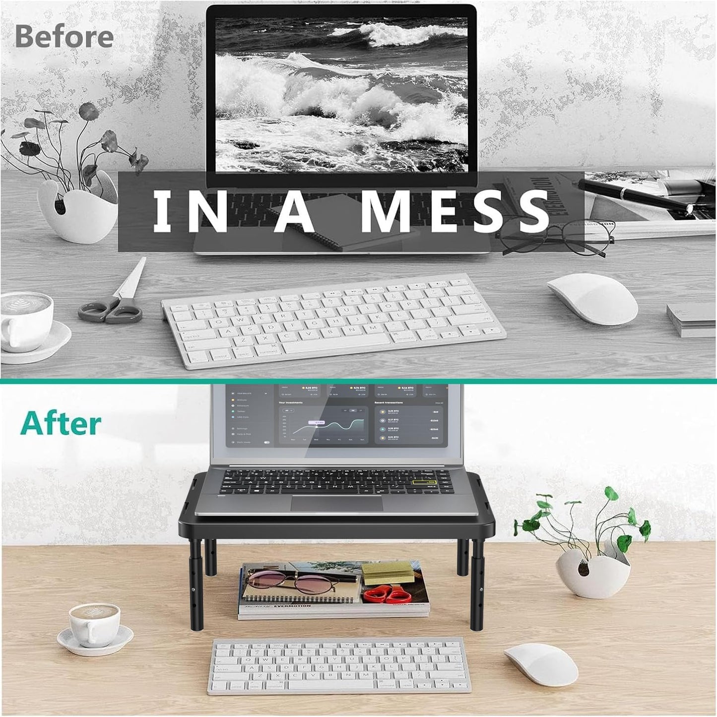 WALI Computer Monitor Stand for Desk, Adjustable Laptop Riser, Desk Monitor Stand Underneath Storage for Office, School Supplies (PTT001-B), 1 Pack, Black
