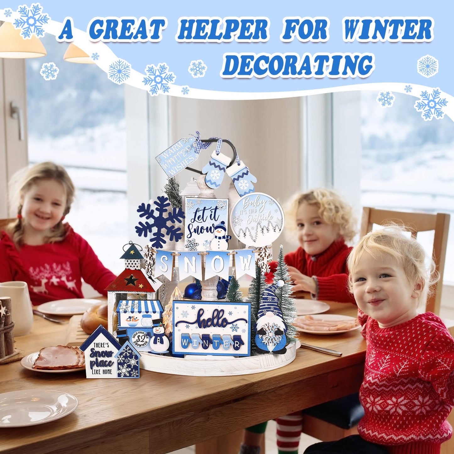 Kajaia 15 Pcs Winter Tiered Tray Decor Christmas Tiered Tray Decorations Set Snowman Snowflake Gingerbread Man Hot Cocoa Wooden Signs Farmhouse Winter Table Decorations(Snowflake)