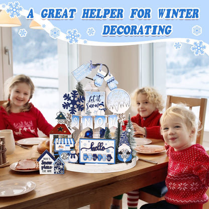 Kajaia 15 Pcs Winter Tiered Tray Decor Christmas Tiered Tray Decorations Set Snowman Snowflake Gingerbread Man Hot Cocoa Wooden Signs Farmhouse Winter Table Decorations(Snowflake)