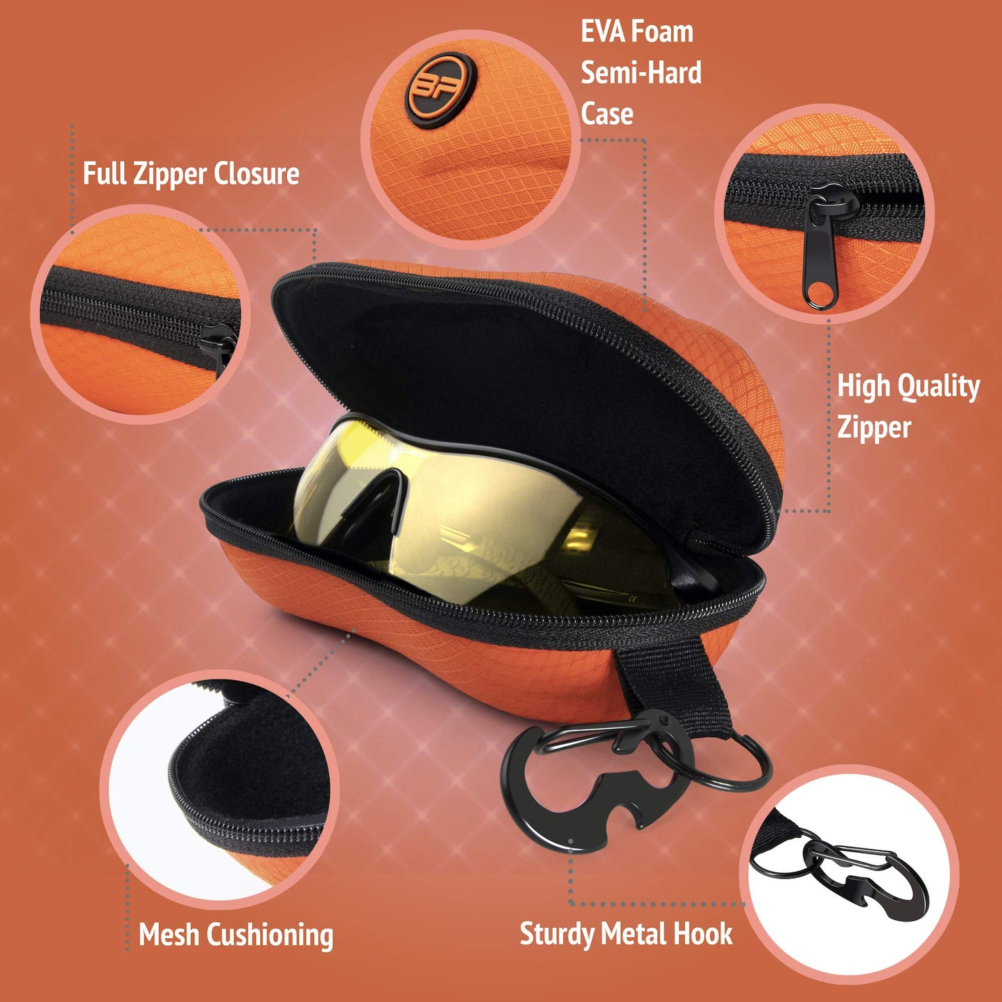 BLUPOND Sunglasses Case Semi Hard EVA Shell with Metal Hanging Hook Belt Clip Sun Glasses Storage (Orange)
