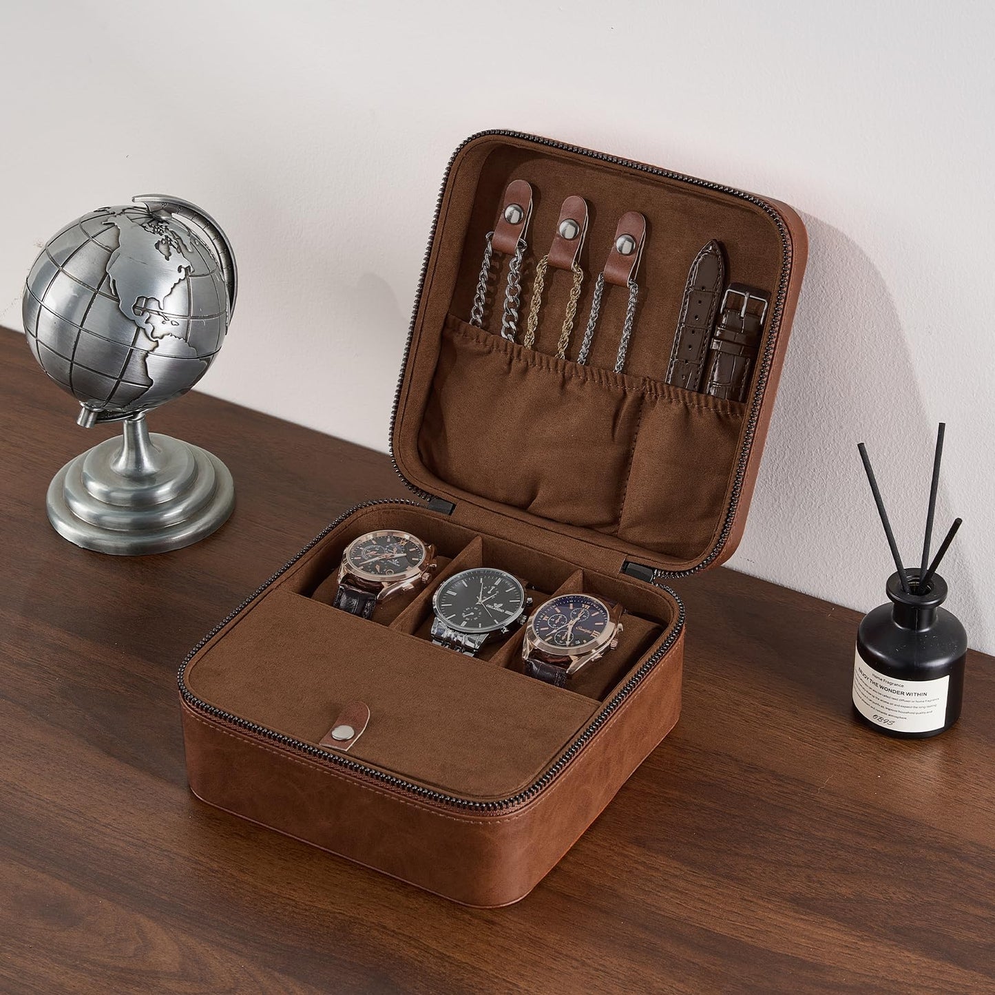 ProCase Travel Watch Case, 3 Slots PU Leather Mens Jewelry Box, Portable Watches Cufflinks Accessories Storage Case, Zippered Carrying Organizer Bag for Man -Lightbrown