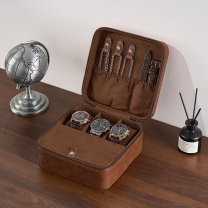 ProCase Travel Watch Case, 3 Slots PU Leather Mens Jewelry Box, Portable Watches Cufflinks Accessories Storage Case, Zippered Carrying Organizer Bag for Man -Lightbrown