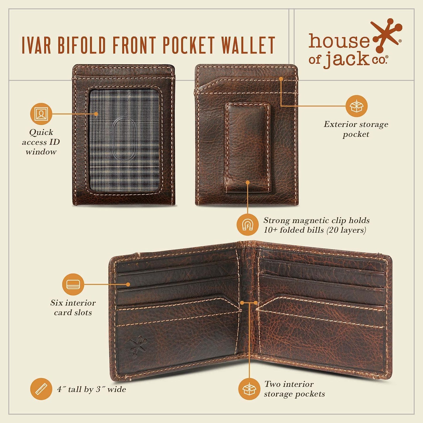 House of Jack Co. Ivor Men's Bifold Money Clip Wallet, Super Strong Magnetic Clip Holds 15+ Bills, Full Grain Leather Slim Front Pocket Wallet, 10 Card Holder, Gift for Men, Brown
