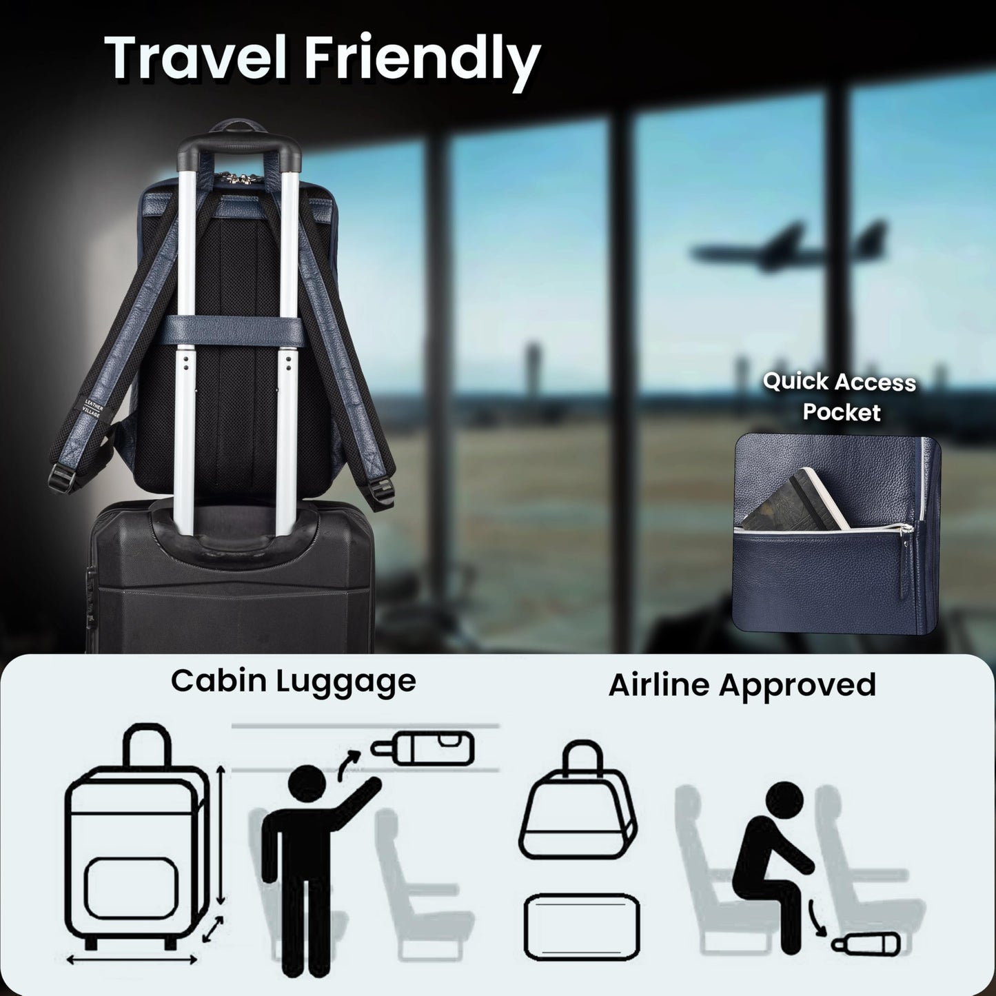 LEATHER VILLAGE Leather Laptop Backpack for Men | Blue | Slim Professional Business Bag Fits 15.6”-Laptop | Water-Repellent Work & Travel Daypack with Trolley Strap