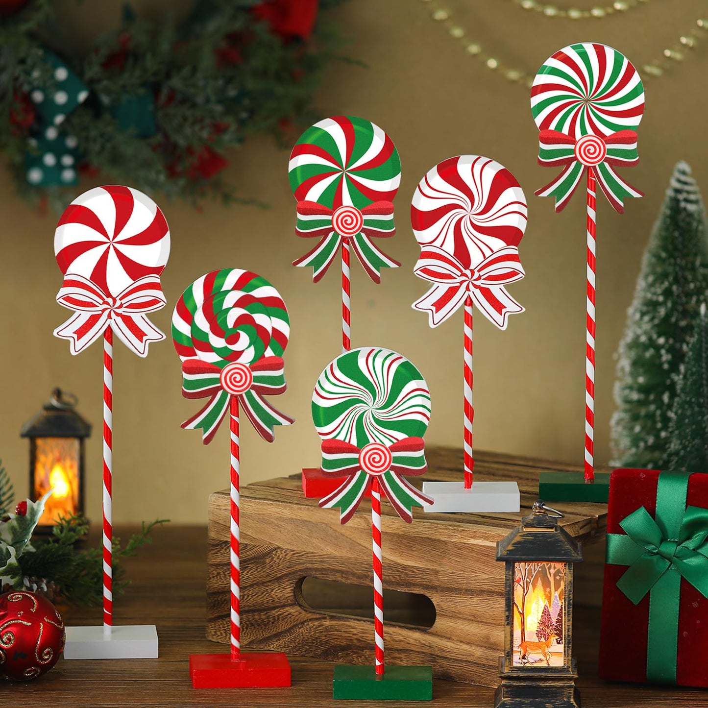 6 Pieces Christmas Candy Wooden Tabletop Decor Candy Cane Tall Standing Wood Block Xmas Cane Table Centerpiece Sign for Christmas Tiered Tray Home Desk Office Party Decoration(Wood,Red, Green, White)
