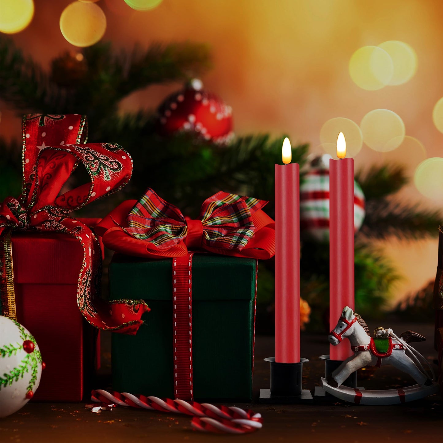 CVHOMEDECO. Real Wax Flameless Taper Candles with 10-Key Remote, Battery Operated Led Flickering 3D Wick Light Window Candles Home Christmas Party Decor 0.78 x 10 Inch, Pack of 2, Red