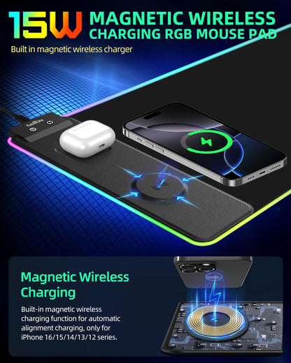Wireless Charging Mouse Pad, RGB Gaming Mousepad, 31.5"x15.7" Extra Large Desk Pad, 13 Light Modes, Ultra-Smooth Surface, Non-Slip Base, Waterproof Computer Keyboard Mat for MacBook, PC, Laptop, Black