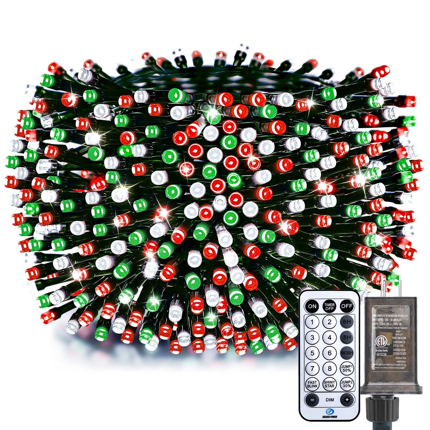 Minetom Red Green White Christmas Lights, 66ft 200 LED Outdoor Christmas Tree Lights with Remote, 8 Modes String Lights Plug-in Mini Xmas Tree Lights with Timer for Outside Party Decor