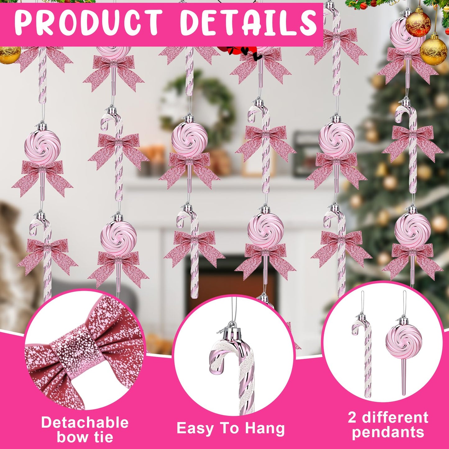 Pinkunn 30 Set Christmas Candy Cane Ornament with Bow Peppermint Candy Cane Christmas Tree Decoration Plastic Lollipop and Bow Hanging Ornaments for Xmas Tree Wreaths Holiday Decorations(Pink)