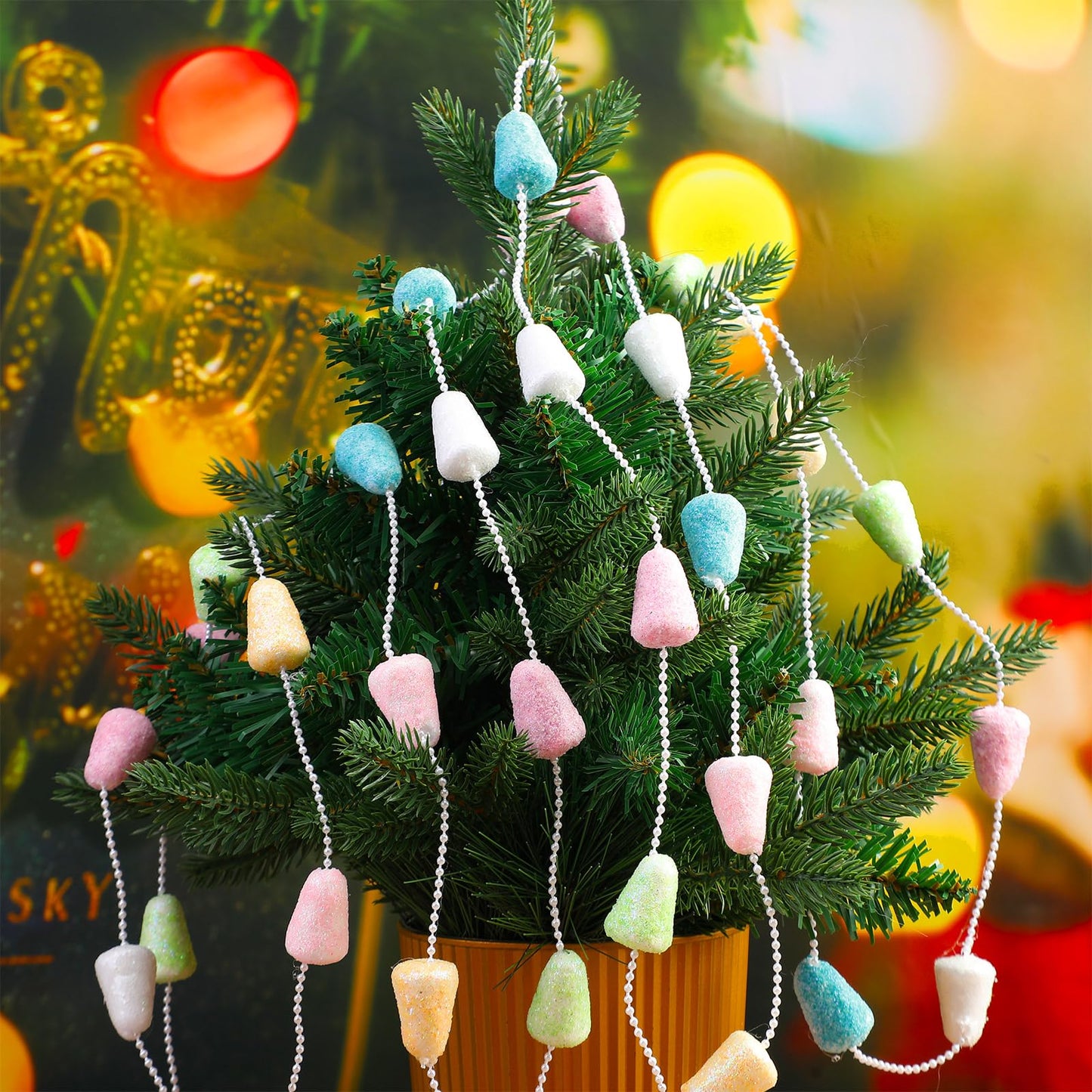 Jetec 16 ft Pastel Candy Garland for Christmas Tree Pink White Blue Green Yellow Candyland Christmas Beaded Ornament for Xmas Tree Fireplace Wreath Retro Party Decorations